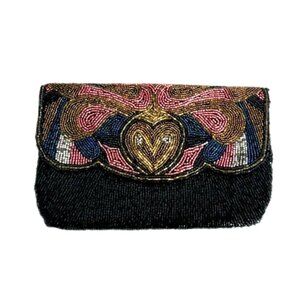 Vintage LA REGALE Ltd Black and Multicolor Heart Design Beaded Clutch